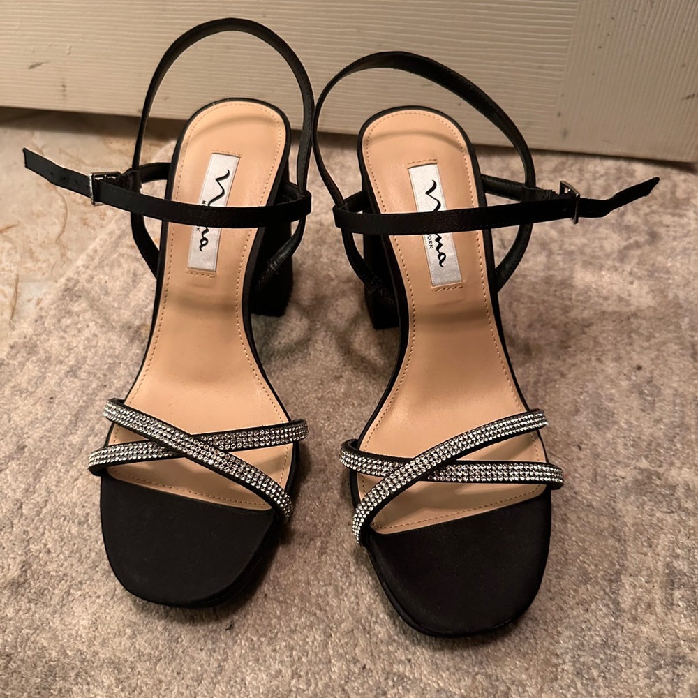 Nina Black and Silver Strappy Block Heels